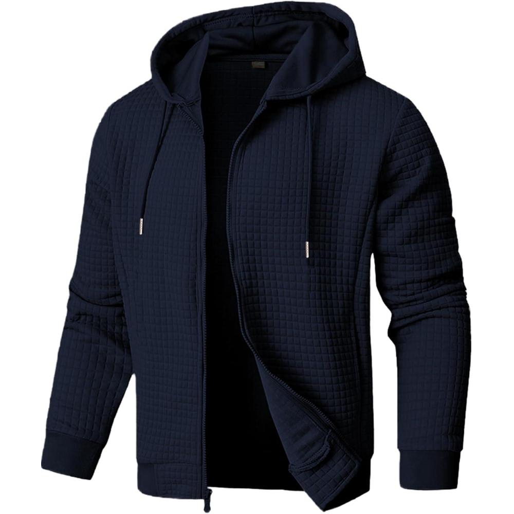 imageJMIERR Mens Jacquard Plaid Hoodie Long Sleeve Drawstring Casual Hooded Sweatshirts Jackets with PocketsNavy Blue
