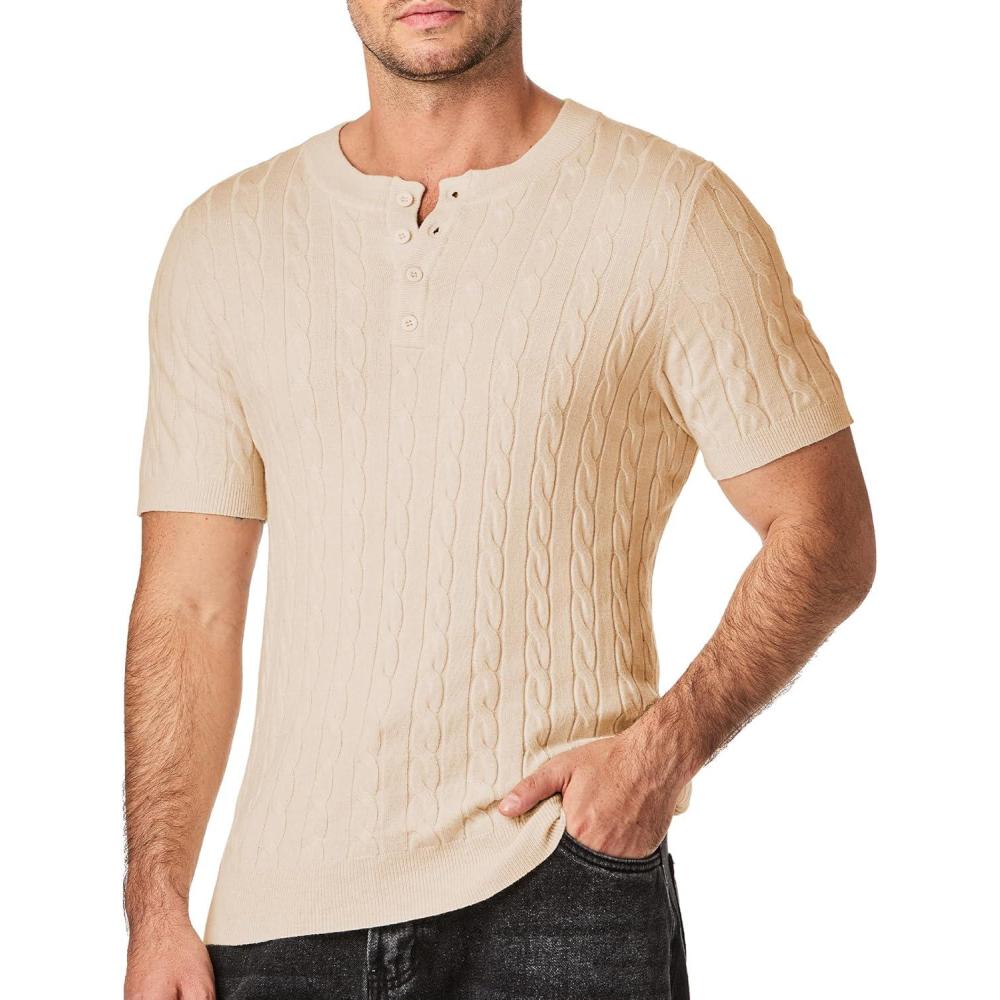 imageJMIERR Mens Knit Henley Shirts Casual Short Sleeve Button TShirt Cable Knitted Polo Shirts Golf ShirtApricot