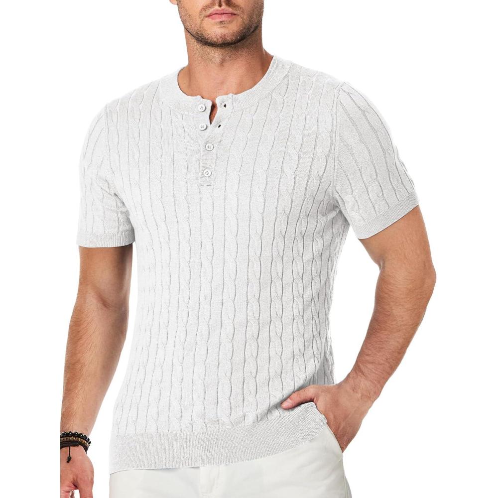 imageJMIERR Mens Knit Henley Shirts Casual Short Sleeve Button TShirt Cable Knitted Polo Shirts Golf ShirtWhite