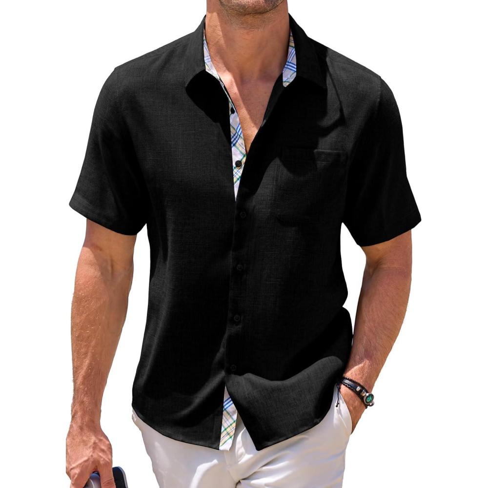 imageJMIERR Mens Linen Shirts Short Sleeve Summer Button Down Casual Beach Hawaiian Shirt with PocketBlack