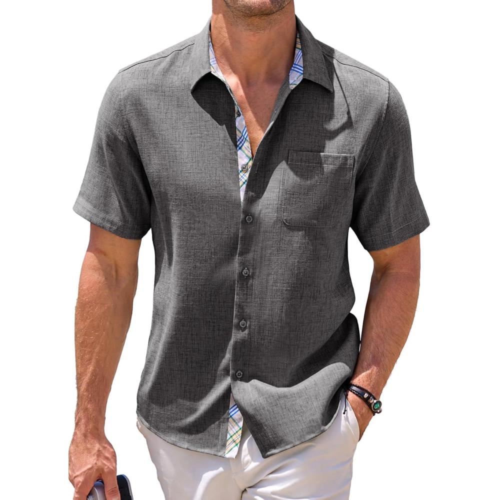 imageJMIERR Mens Linen Shirts Short Sleeve Summer Button Down Casual Beach Hawaiian Shirt with PocketDark Grey