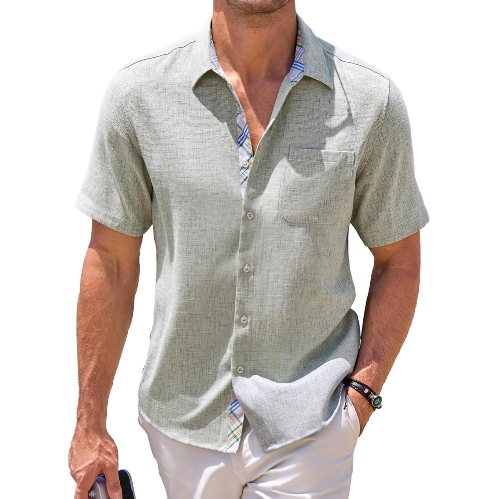 imageJMIERR Mens Linen Shirts Short Sleeve Summer Button Down Casual Beach Hawaiian Shirt with PocketLight Green