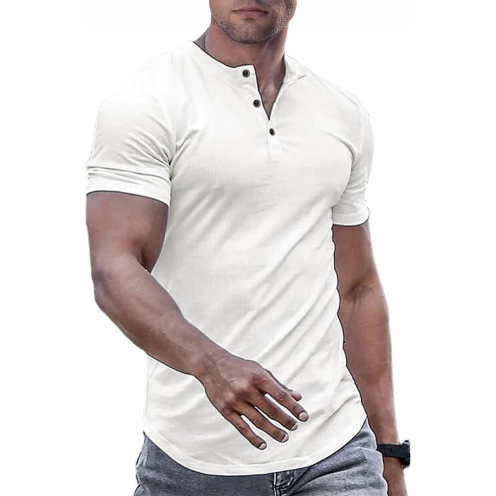 imageJMIERR Mens Muscle Slim Henley Shirts Crewneck Longline TShirt Gym Workout Athletic Shirt Tees with Button0 White