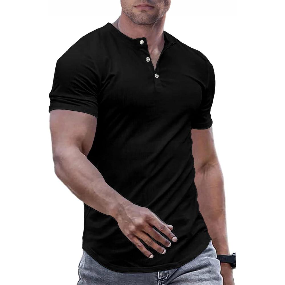 imageJMIERR Mens Muscle Slim Henley Shirts Crewneck Longline TShirt Gym Workout Athletic Shirt Tees with Button02 Black