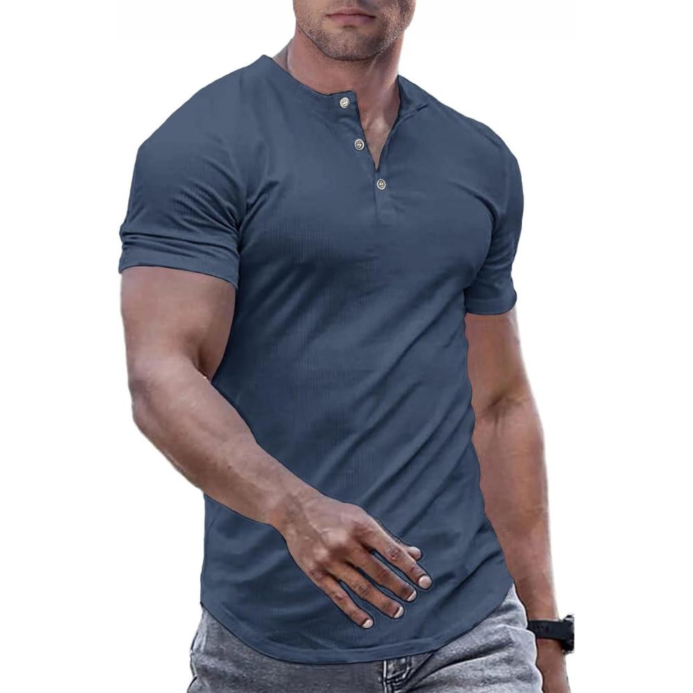 imageJMIERR Mens Muscle Slim Henley Shirts Crewneck Longline TShirt Gym Workout Athletic Shirt Tees with Button04 Blue1