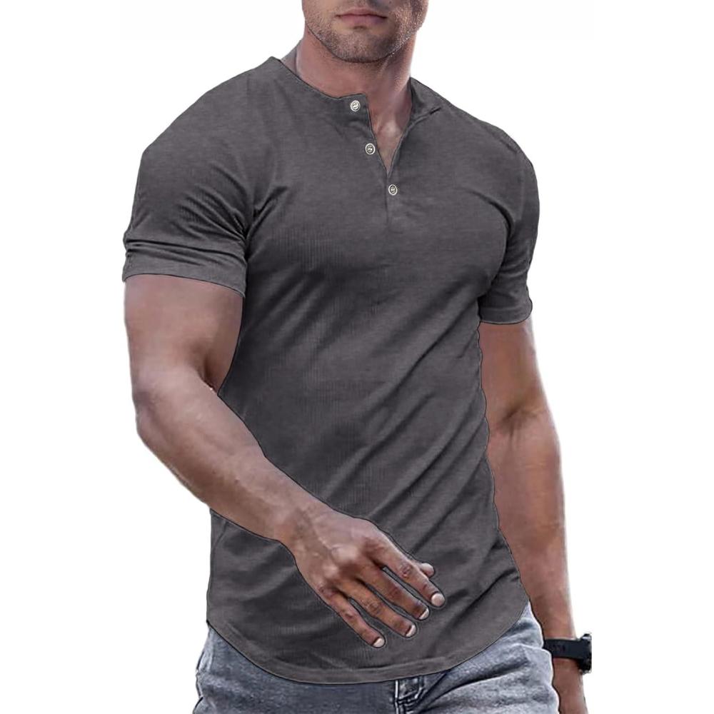 imageJMIERR Mens Muscle Slim Henley Shirts Crewneck Longline TShirt Gym Workout Athletic Shirt Tees with Button05 Grey1