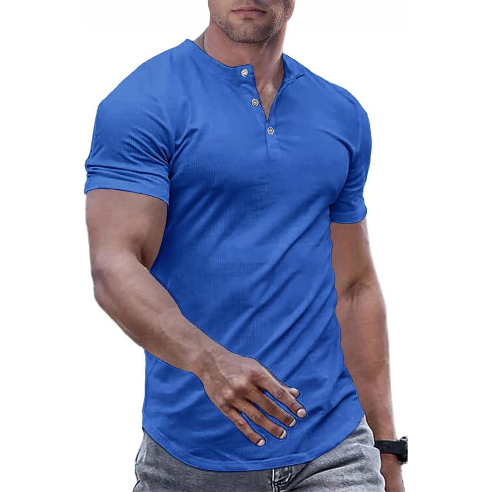 imageJMIERR Mens Muscle Slim Henley Shirts Crewneck Longline TShirt Gym Workout Athletic Shirt Tees with ButtonA Blue2