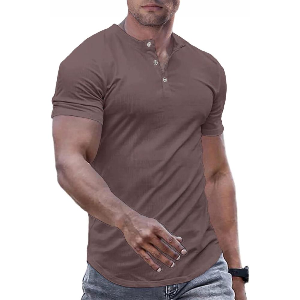 imageJMIERR Mens Muscle Slim Henley Shirts Crewneck Longline TShirt Gym Workout Athletic Shirt Tees with ButtonA Brown1