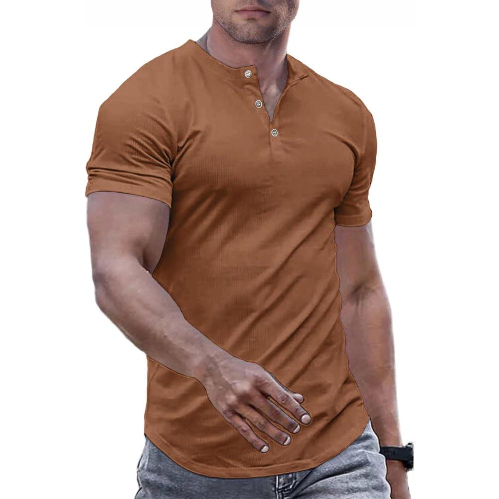 imageJMIERR Mens Muscle Slim Henley Shirts Crewneck Longline TShirt Gym Workout Athletic Shirt Tees with ButtonA Brown2