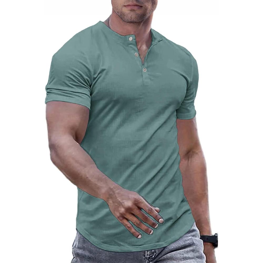 imageJMIERR Mens Muscle Slim Henley Shirts Crewneck Longline TShirt Gym Workout Athletic Shirt Tees with ButtonA Green1