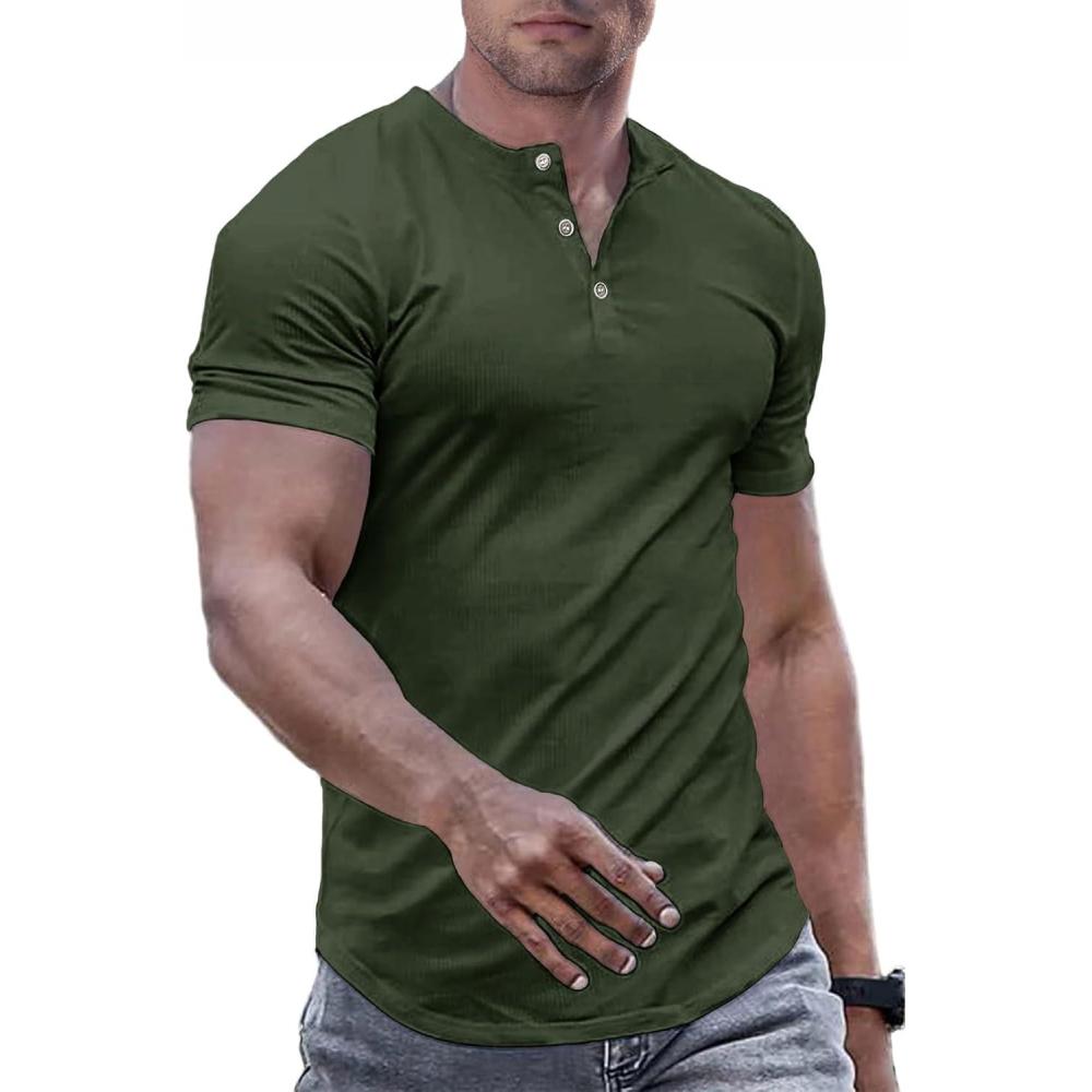 imageJMIERR Mens Muscle Slim Henley Shirts Crewneck Longline TShirt Gym Workout Athletic Shirt Tees with ButtonA Green2