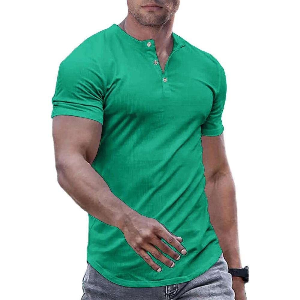 imageJMIERR Mens Muscle Slim Henley Shirts Crewneck Longline TShirt Gym Workout Athletic Shirt Tees with ButtonA Green3