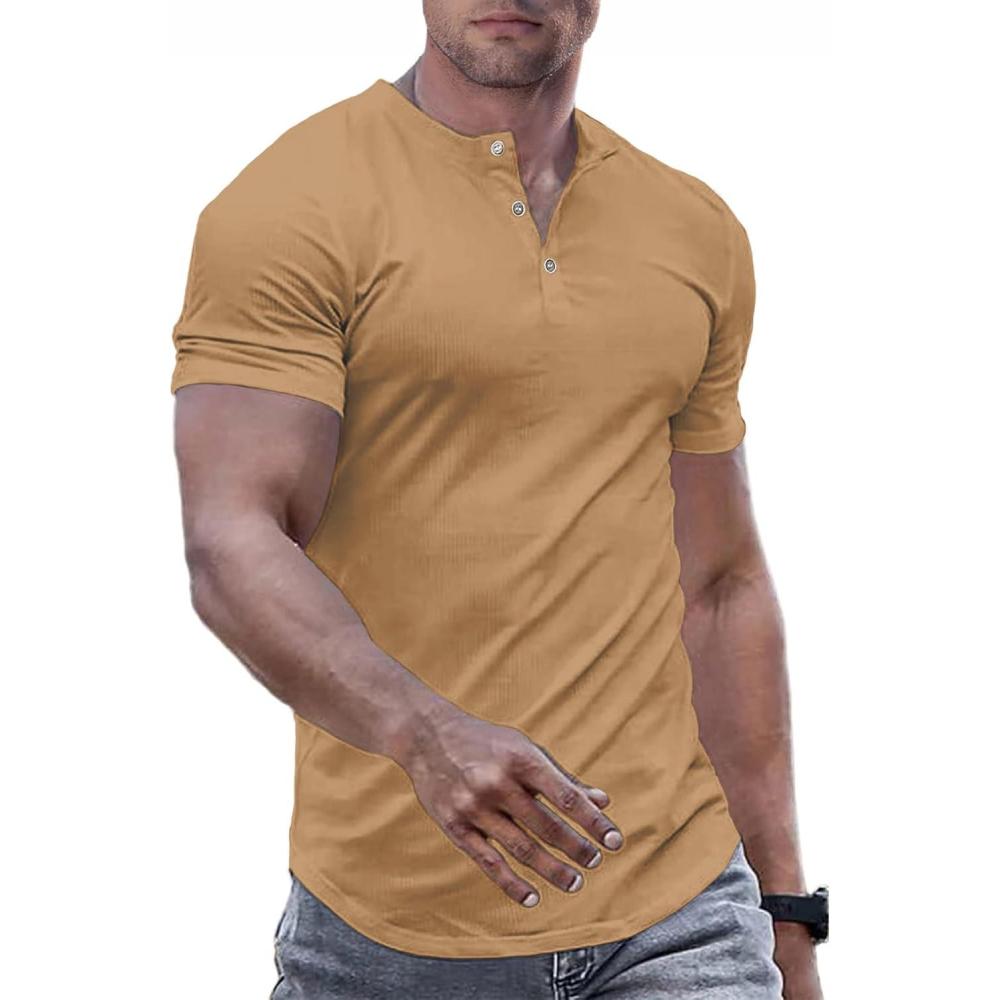 imageJMIERR Mens Muscle Slim Henley Shirts Crewneck Longline TShirt Gym Workout Athletic Shirt Tees with ButtonA Khaki1
