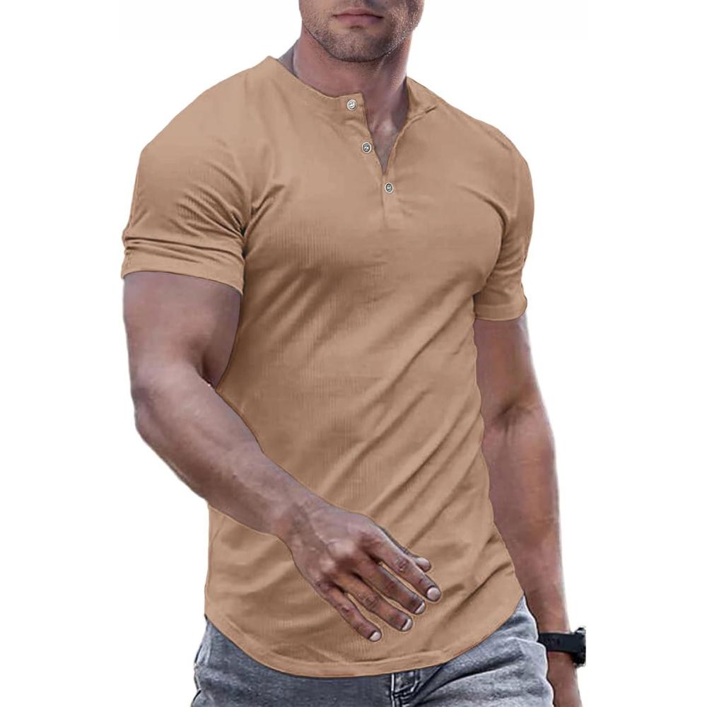 imageJMIERR Mens Muscle Slim Henley Shirts Crewneck Longline TShirt Gym Workout Athletic Shirt Tees with ButtonA Khaki2