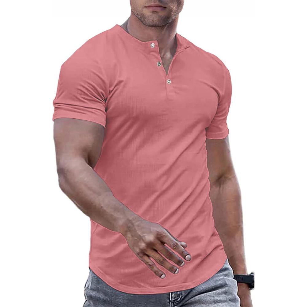 imageJMIERR Mens Muscle Slim Henley Shirts Crewneck Longline TShirt Gym Workout Athletic Shirt Tees with ButtonA Pink