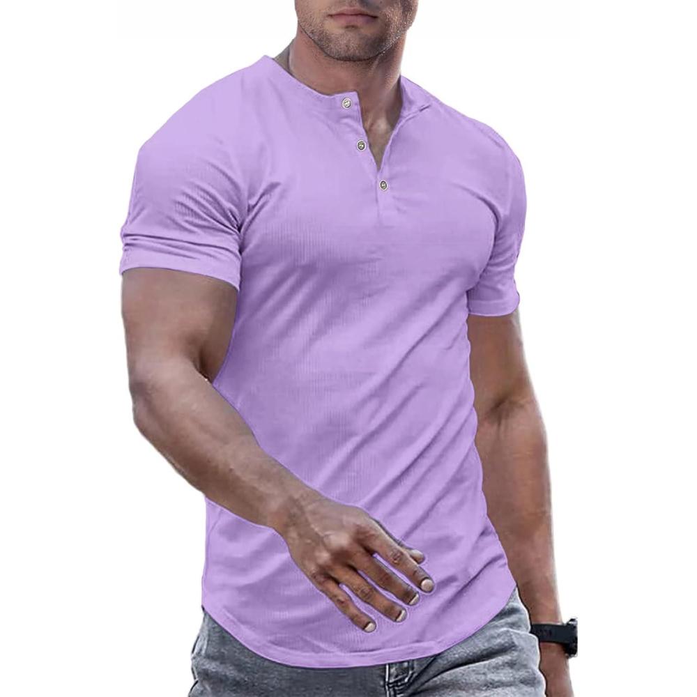 imageJMIERR Mens Muscle Slim Henley Shirts Crewneck Longline TShirt Gym Workout Athletic Shirt Tees with ButtonA Purple