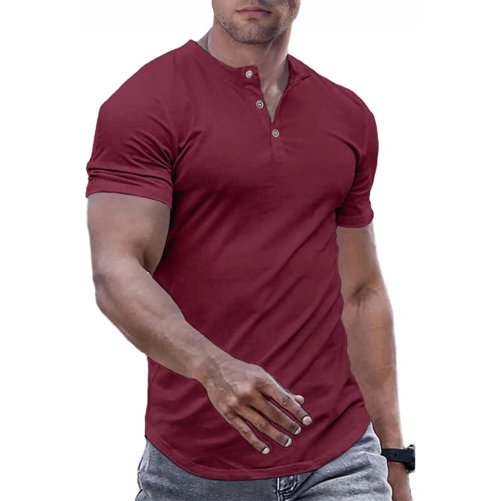 imageJMIERR Mens Muscle Slim Henley Shirts Crewneck Longline TShirt Gym Workout Athletic Shirt Tees with ButtonA Red