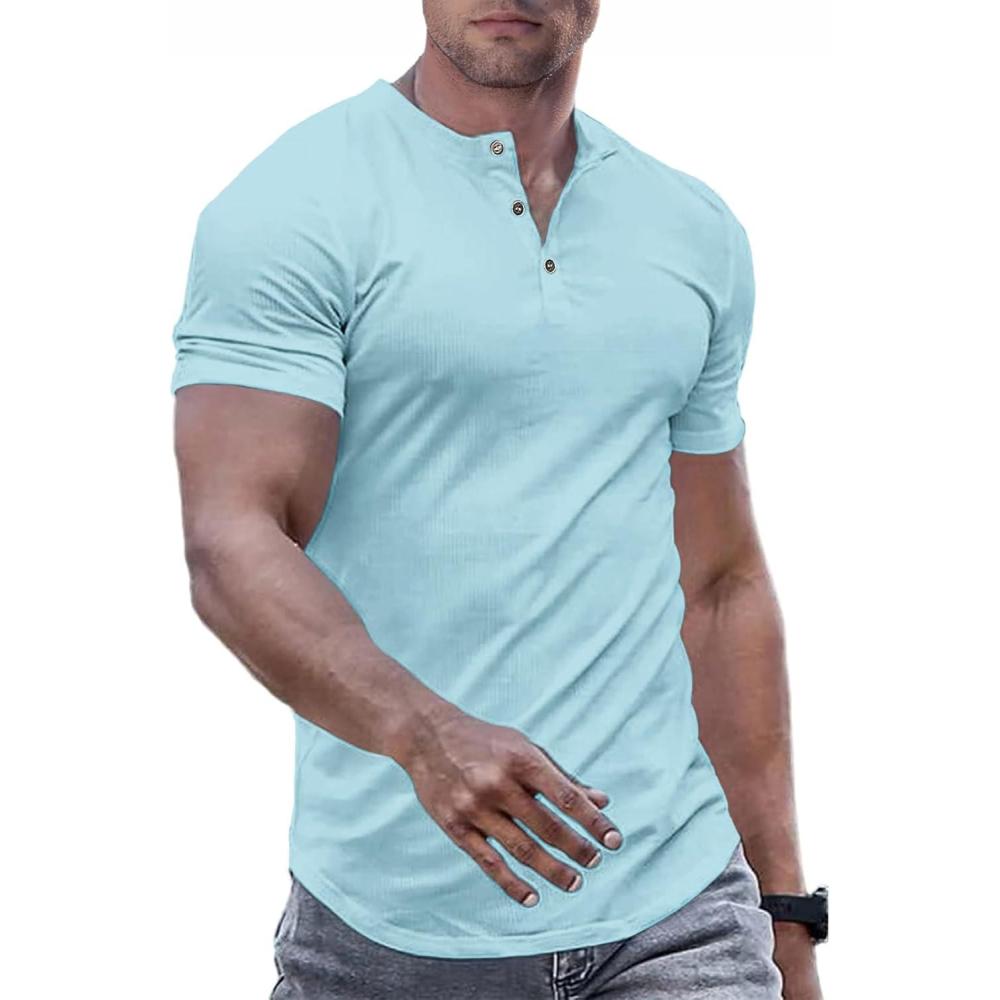 imageJMIERR Mens Muscle Slim Henley Shirts Crewneck Longline TShirt Gym Workout Athletic Shirt Tees with ButtonA Sky Blue