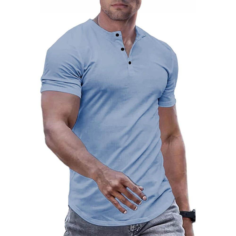 imageJMIERR Mens Muscle Slim Henley Shirts Crewneck Longline TShirt Gym Workout Athletic Shirt Tees with ButtonBeau Blue