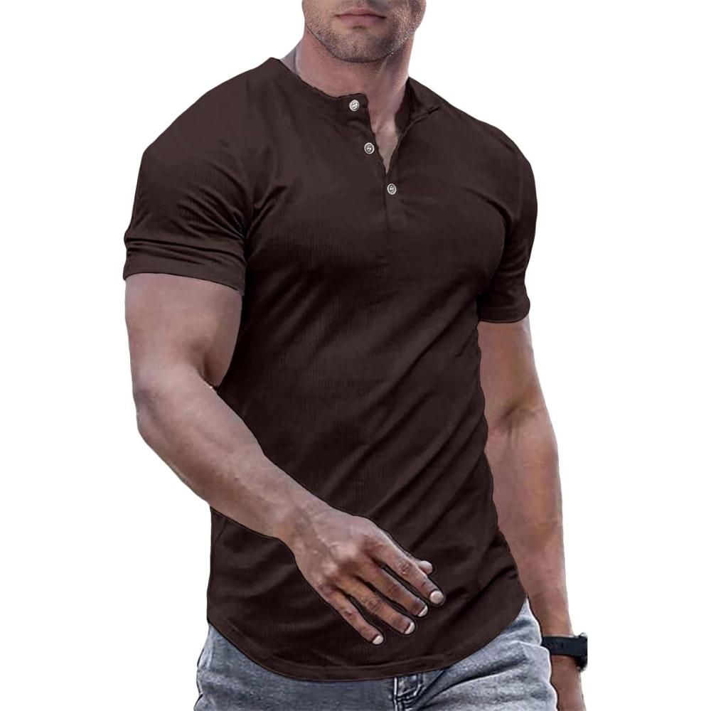 imageJMIERR Mens Muscle Slim Henley Shirts Crewneck Longline TShirt Gym Workout Athletic Shirt Tees with ButtonChicory Coffee