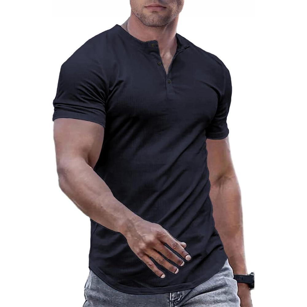imageJMIERR Mens Muscle Slim Henley Shirts Crewneck Longline TShirt Gym Workout Athletic Shirt Tees with ButtonDark Grey