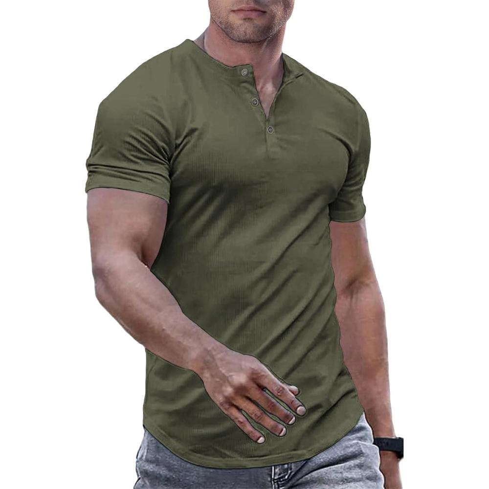 imageJMIERR Mens Muscle Slim Henley Shirts Crewneck Longline TShirt Gym Workout Athletic Shirt Tees with ButtonMoss Green