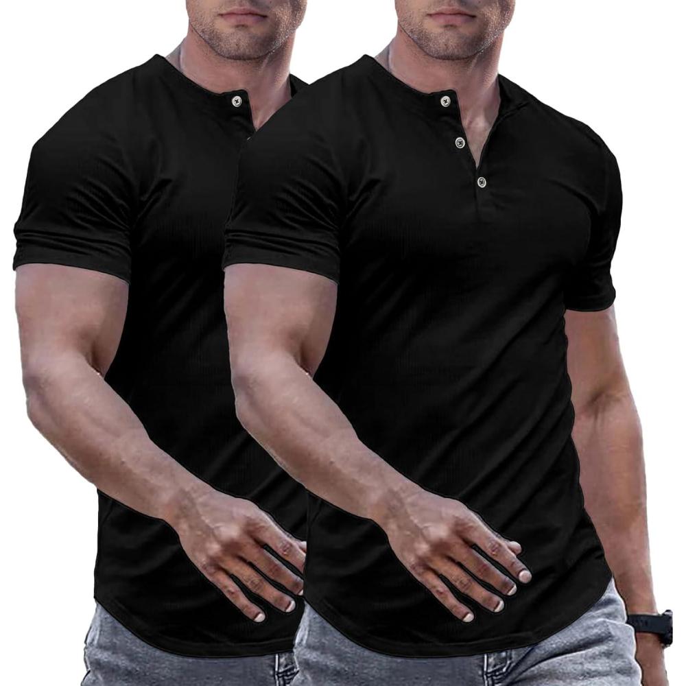 imageJMIERR Mens Muscle Slim Henley Shirts Crewneck Longline TShirt Gym Workout Athletic Shirt Tees with ButtonPackblackBlack