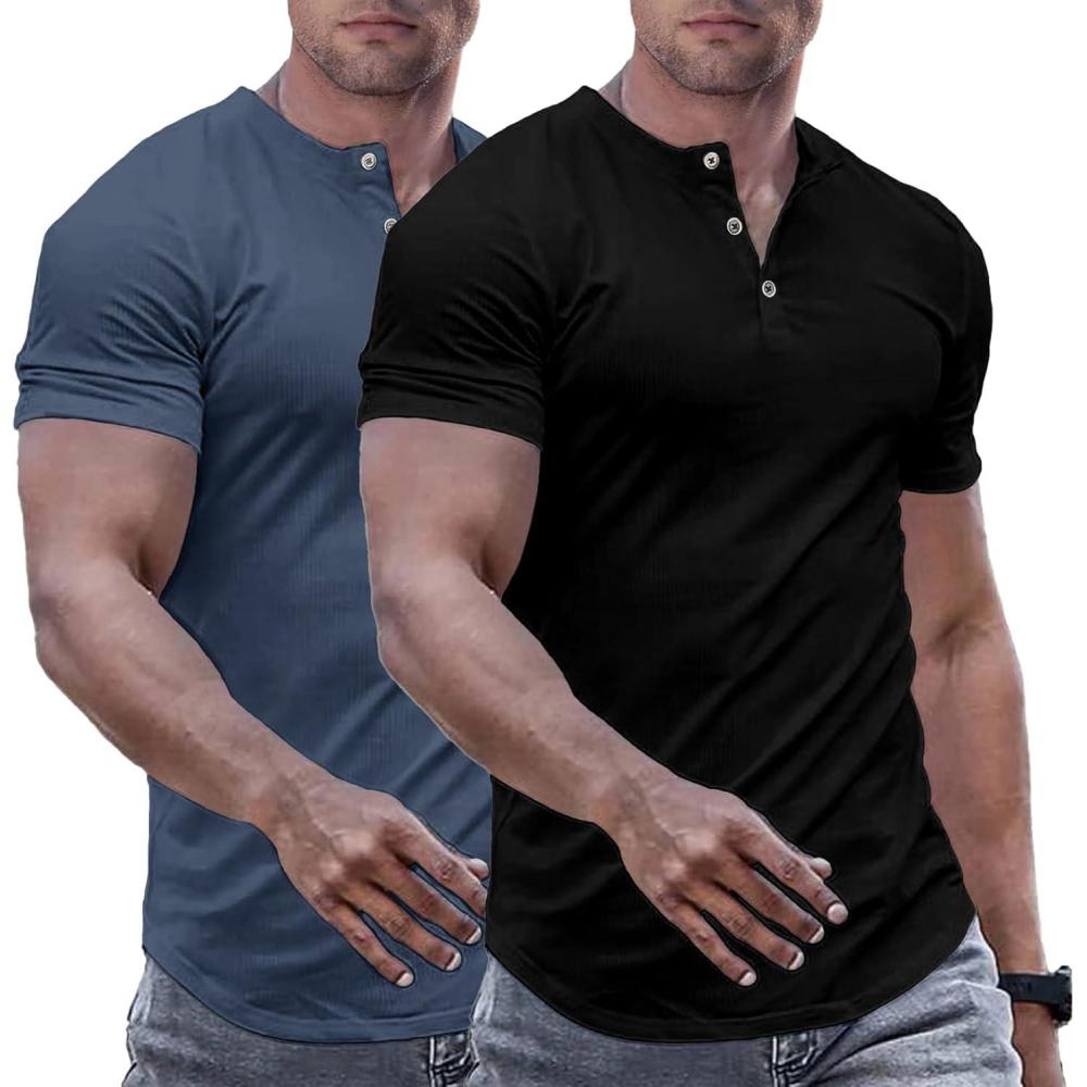 imageJMIERR Mens Muscle Slim Henley Shirts Crewneck Longline TShirt Gym Workout Athletic Shirt Tees with ButtonPackblackBlue