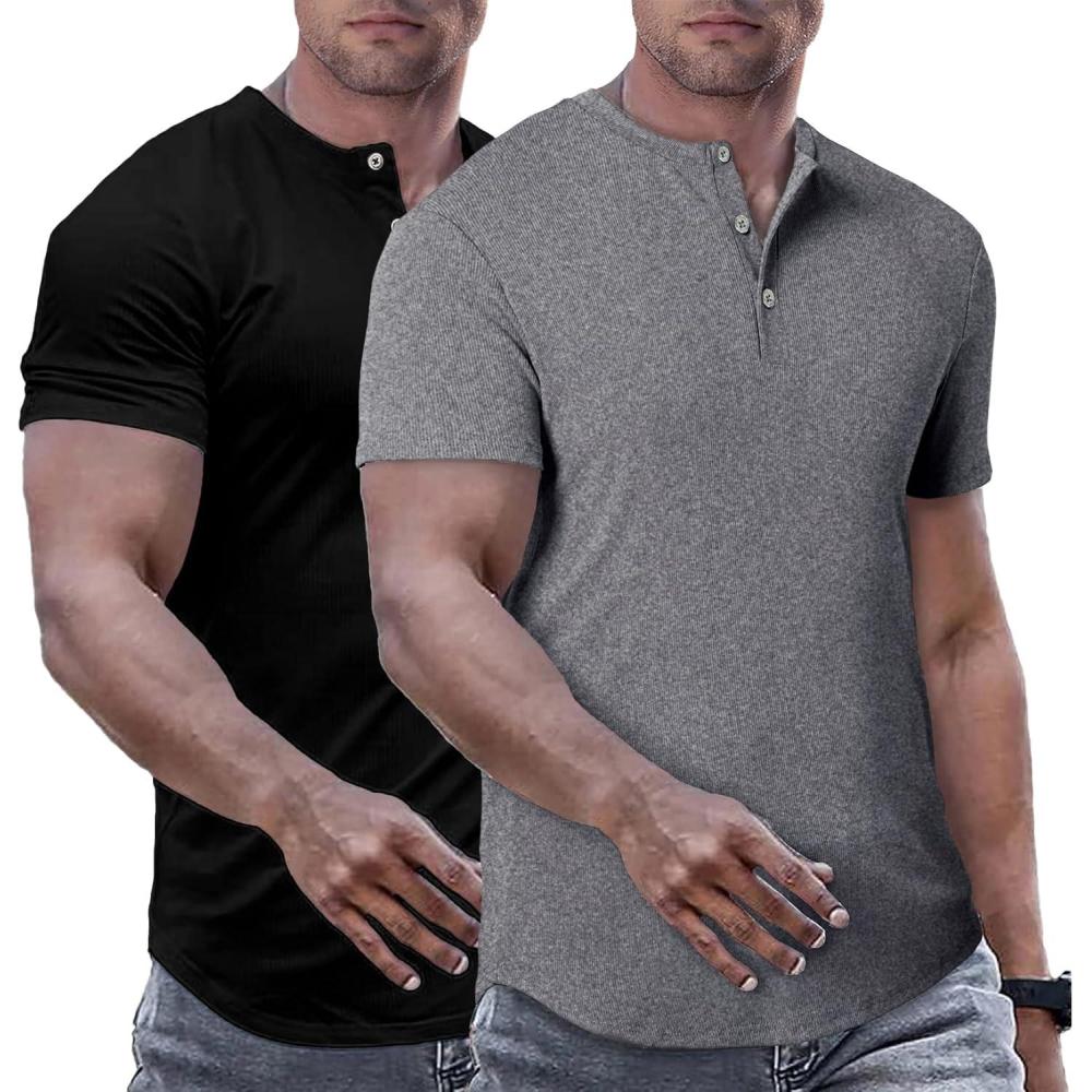 imageJMIERR Mens Muscle Slim Henley Shirts Crewneck Longline TShirt Gym Workout Athletic Shirt Tees with ButtonPackdark GreyBlack