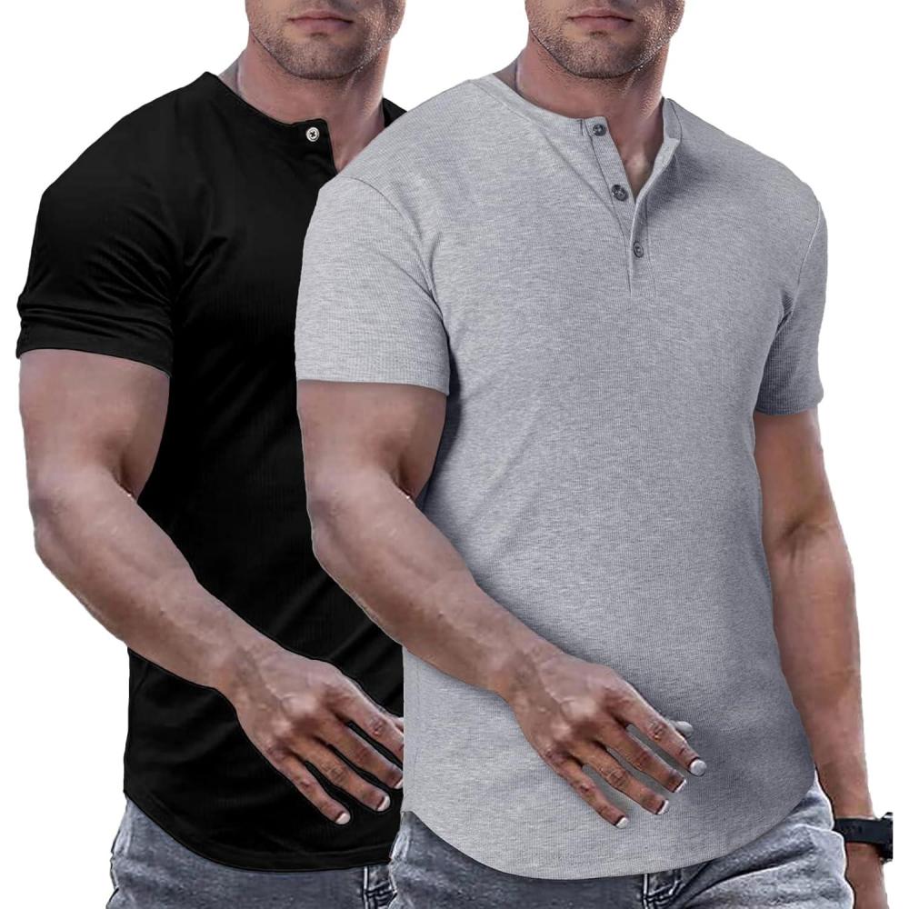 imageJMIERR Mens Muscle Slim Henley Shirts Crewneck Longline TShirt Gym Workout Athletic Shirt Tees with ButtonPackgreyBlack