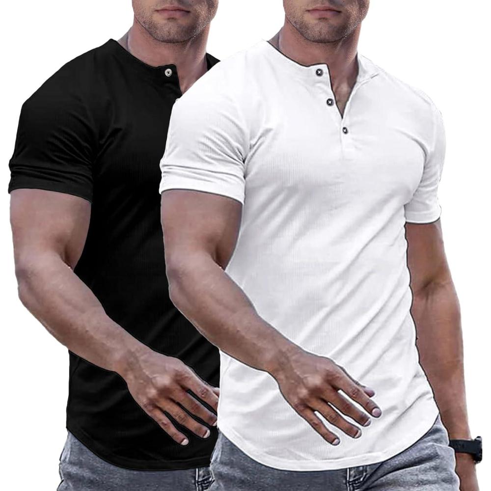 imageJMIERR Mens Muscle Slim Henley Shirts Crewneck Longline TShirt Gym Workout Athletic Shirt Tees with ButtonPackwhiteBlack