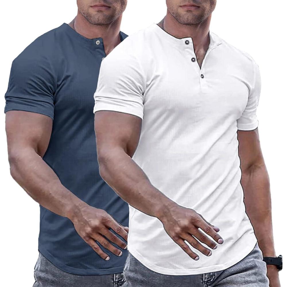imageJMIERR Mens Muscle Slim Henley Shirts Crewneck Longline TShirt Gym Workout Athletic Shirt Tees with ButtonPackwhiteBlue