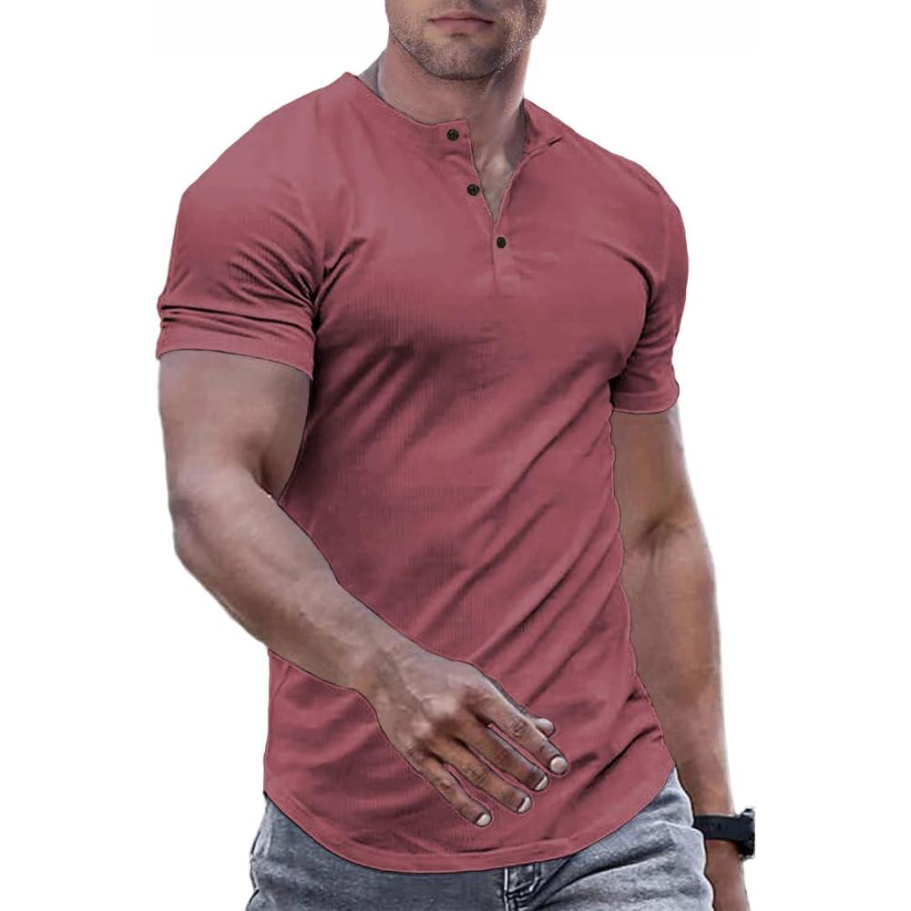 imageJMIERR Mens Muscle Slim Henley Shirts Crewneck Longline TShirt Gym Workout Athletic Shirt Tees with ButtonRose Tan