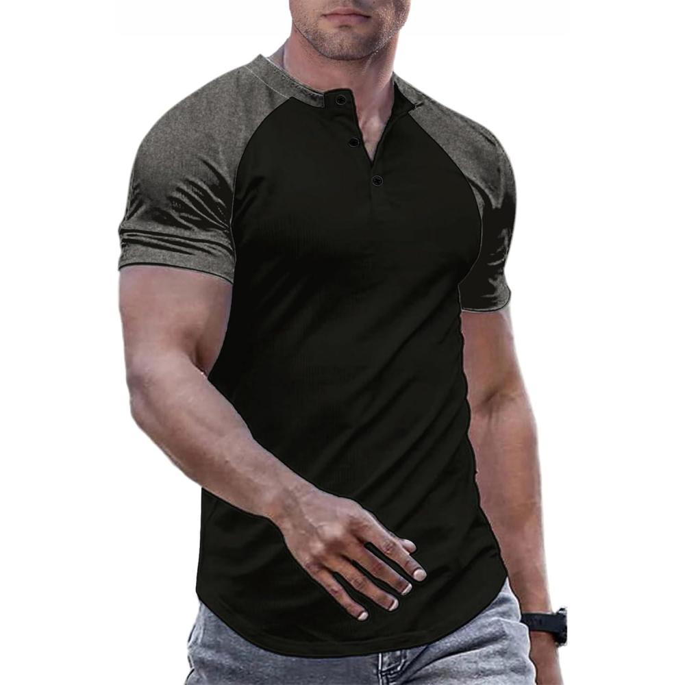 imageJMIERR Mens Muscle Slim Henley Shirts Crewneck Longline TShirt Gym Workout Athletic Shirt Tees with ButtonT Black Grey