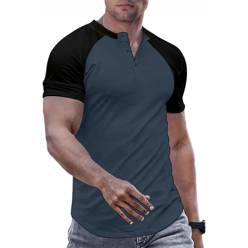 imageJMIERR Mens Muscle Slim Henley Shirts Crewneck Longline TShirt Gym Workout Athletic Shirt Tees with ButtonT Blue Black
