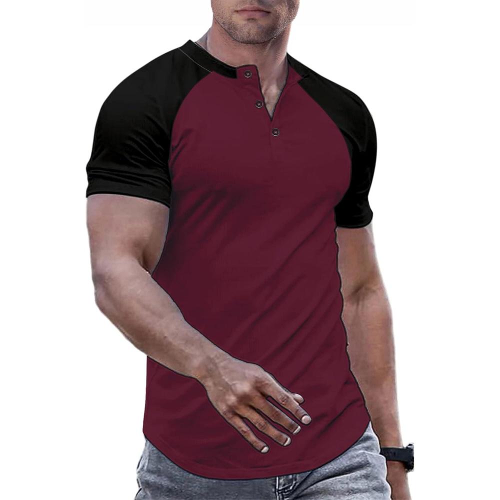 imageJMIERR Mens Muscle Slim Henley Shirts Crewneck Longline TShirt Gym Workout Athletic Shirt Tees with ButtonT Red Black