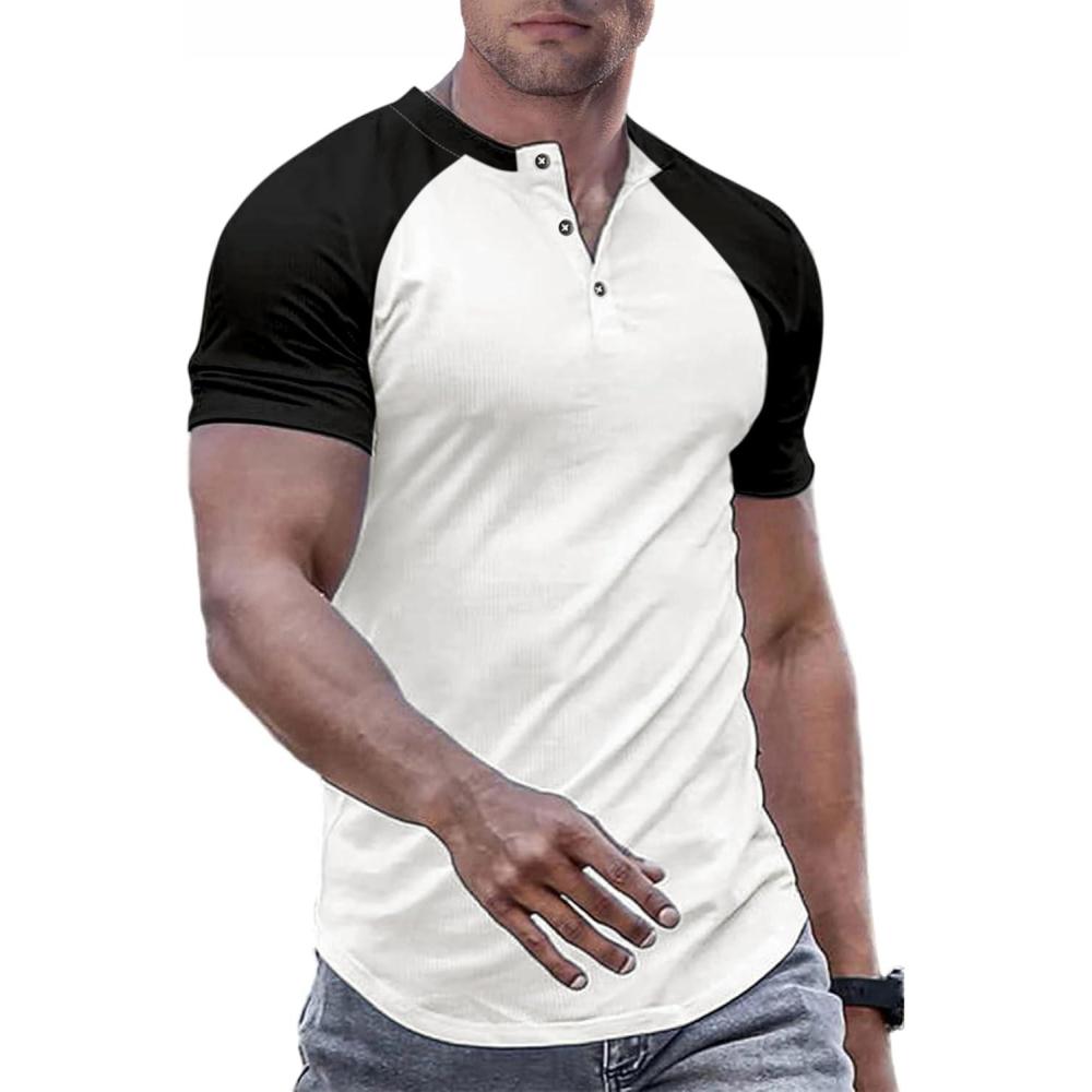 imageJMIERR Mens Muscle Slim Henley Shirts Crewneck Longline TShirt Gym Workout Athletic Shirt Tees with ButtonT White Black