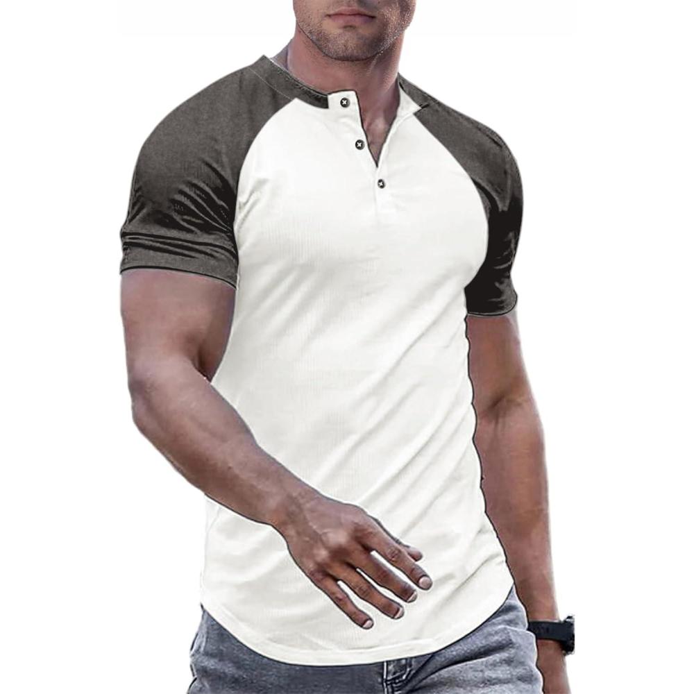 imageJMIERR Mens Muscle Slim Henley Shirts Crewneck Longline TShirt Gym Workout Athletic Shirt Tees with ButtonT White Grey