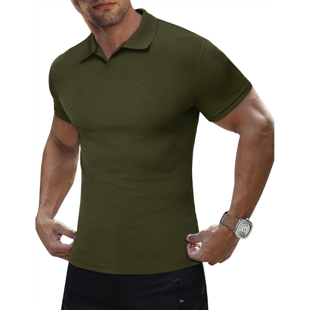 imageJMIERR Mens Muscle V Neck Polo Shirts Casual Short Sleeve Slim Fit Ribbed Golf T Shirt Athletic TeeGreen