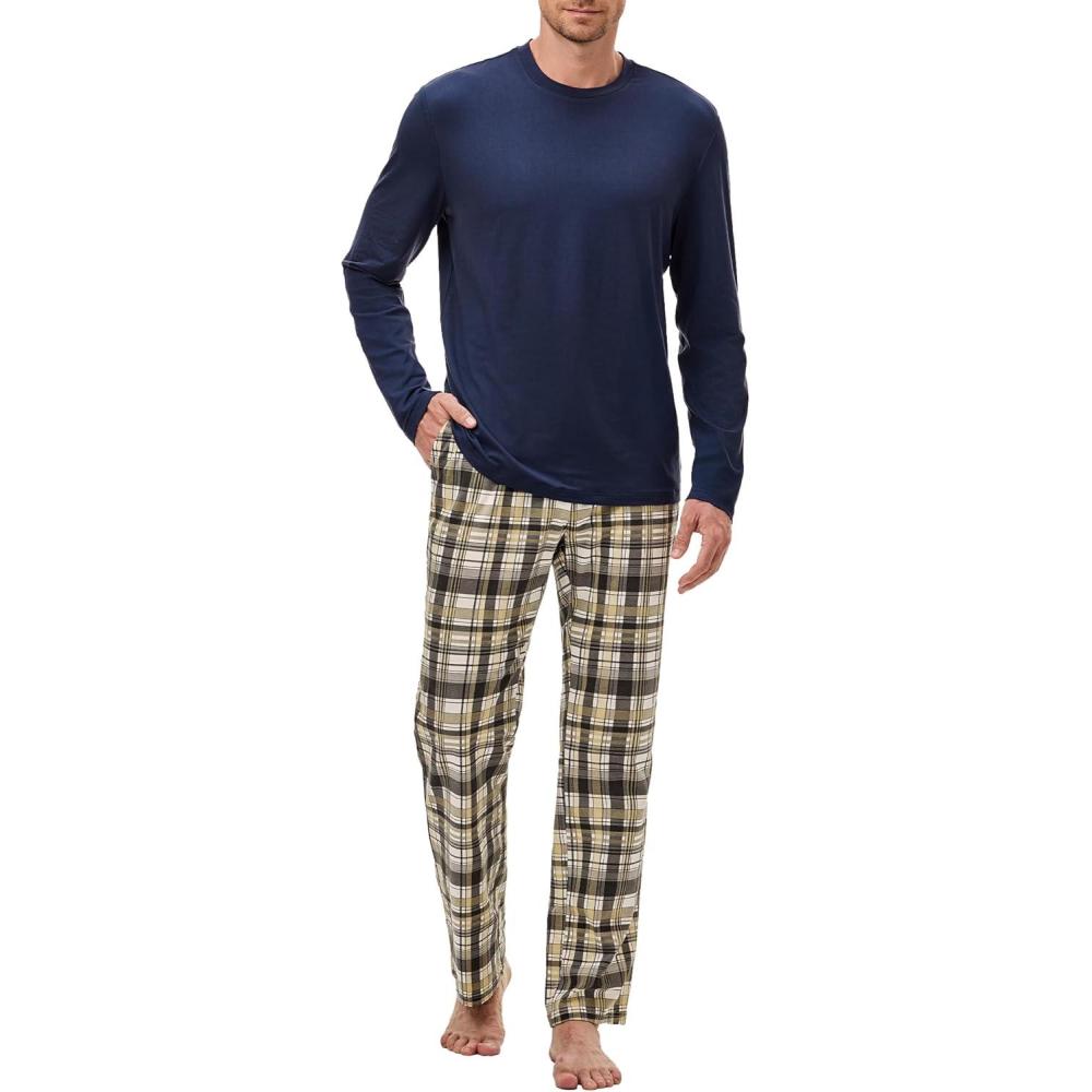 imageJMIERR Mens Pajamas Set 2 Piece Long Sleeve TShirt Loungewear Long Plaid Pants with PocketKhaki