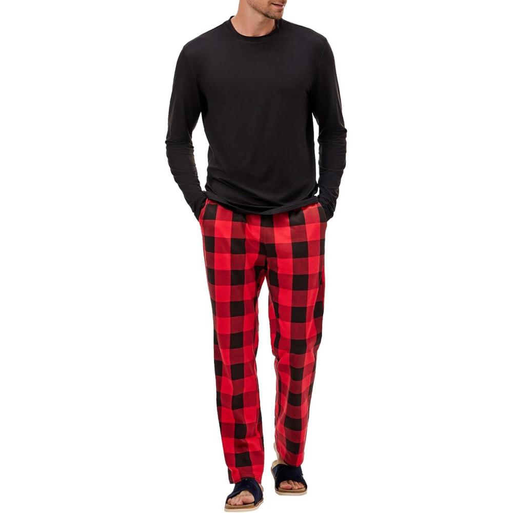 imageJMIERR Mens Pajamas Set 2 Piece Long Sleeve TShirt Loungewear Long Plaid Pants with PocketRed Dahlia