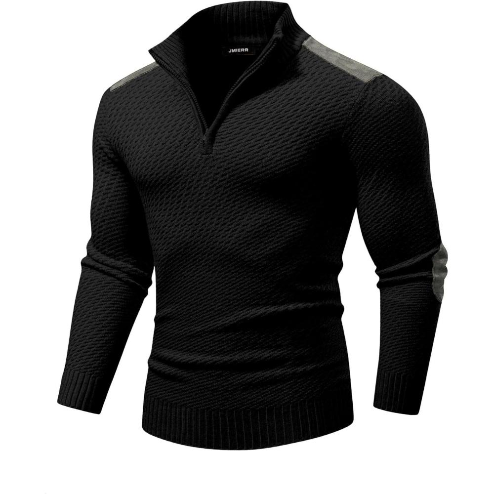 imageJMIERR Mens Quarter Zip Cable Knit Pullover Sweater Casual Long Sleeve Stand Collar SweatersBlack