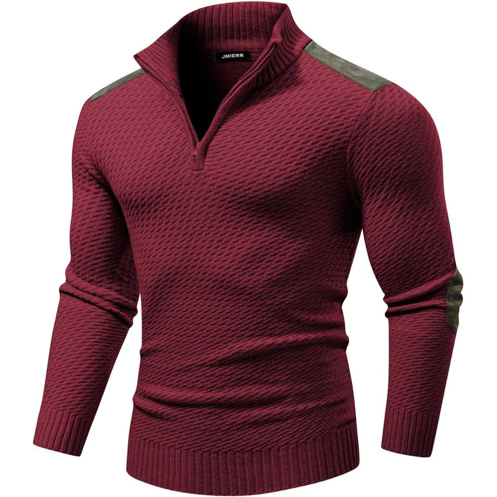 imageJMIERR Mens Quarter Zip Cable Knit Pullover Sweater Casual Long Sleeve Stand Collar SweatersRed Dahlia
