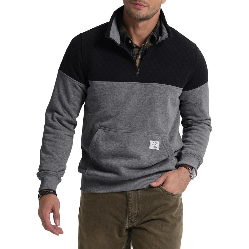 imageJMIERR Mens Quarter Zip Pullover Quilted Sweatshirt Pullover Long Sleeve Stand Collar Sweater Color Block Sweatshirt02 Dark Grey