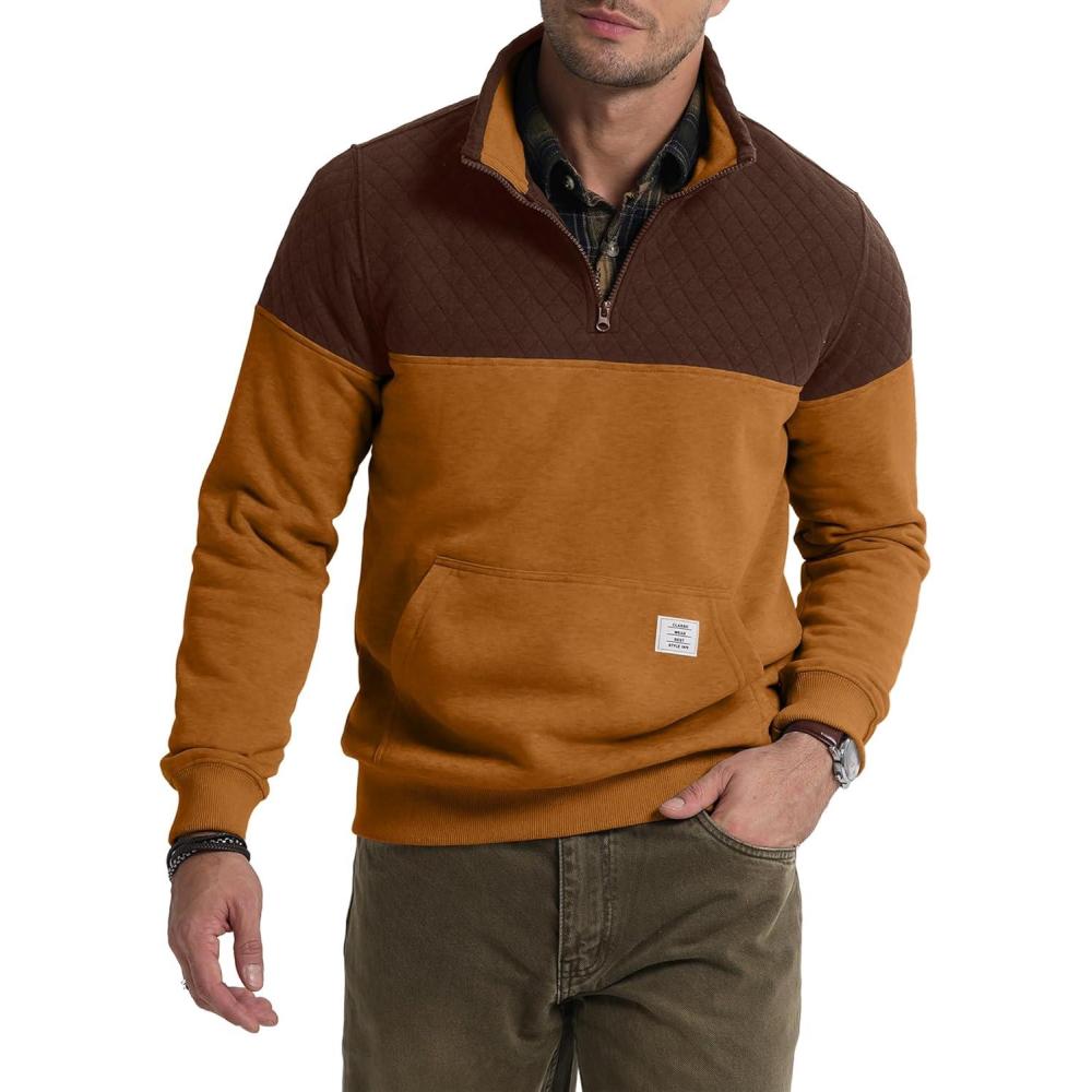 imageJMIERR Mens Quarter Zip Pullover Quilted Sweatshirt Pullover Long Sleeve Stand Collar Sweater Color Block Sweatshirt04 Camel