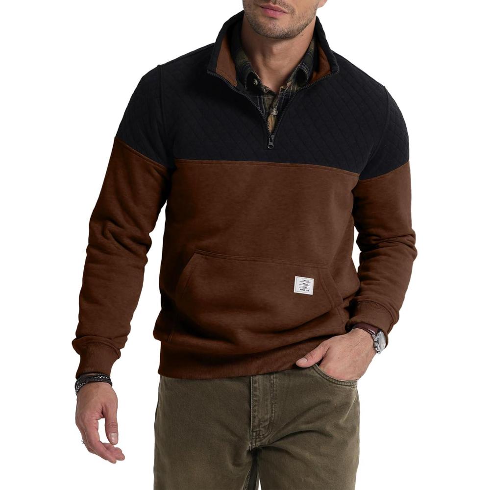 imageJMIERR Mens Quarter Zip Pullover Quilted Sweatshirt Pullover Long Sleeve Stand Collar Sweater Color Block Sweatshirt05 Brown