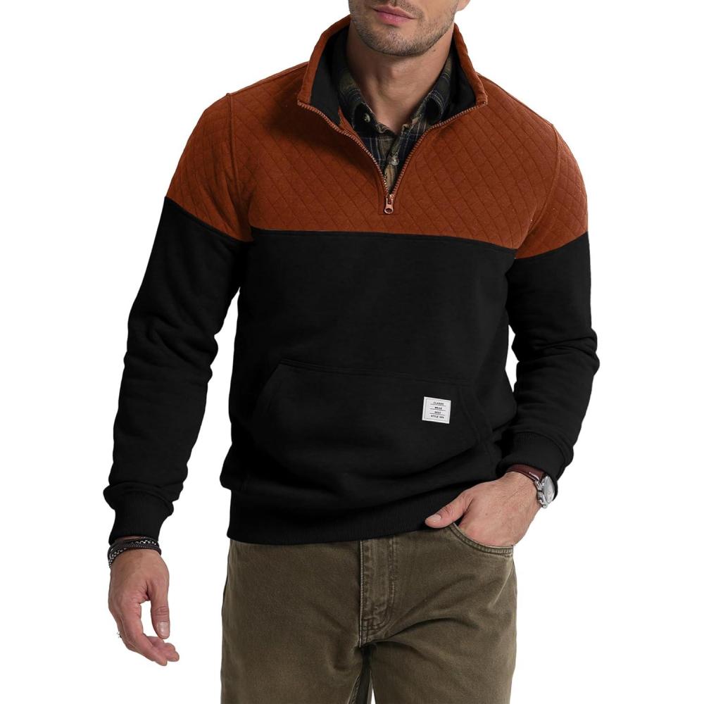 imageJMIERR Mens Quarter Zip Pullover Quilted Sweatshirt Pullover Long Sleeve Stand Collar Sweater Color Block Sweatshirt05 Rust