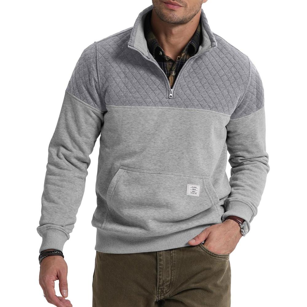 imageJMIERR Mens Quarter Zip Pullover Quilted Sweatshirt Pullover Long Sleeve Stand Collar Sweater Color Block SweatshirtGrey