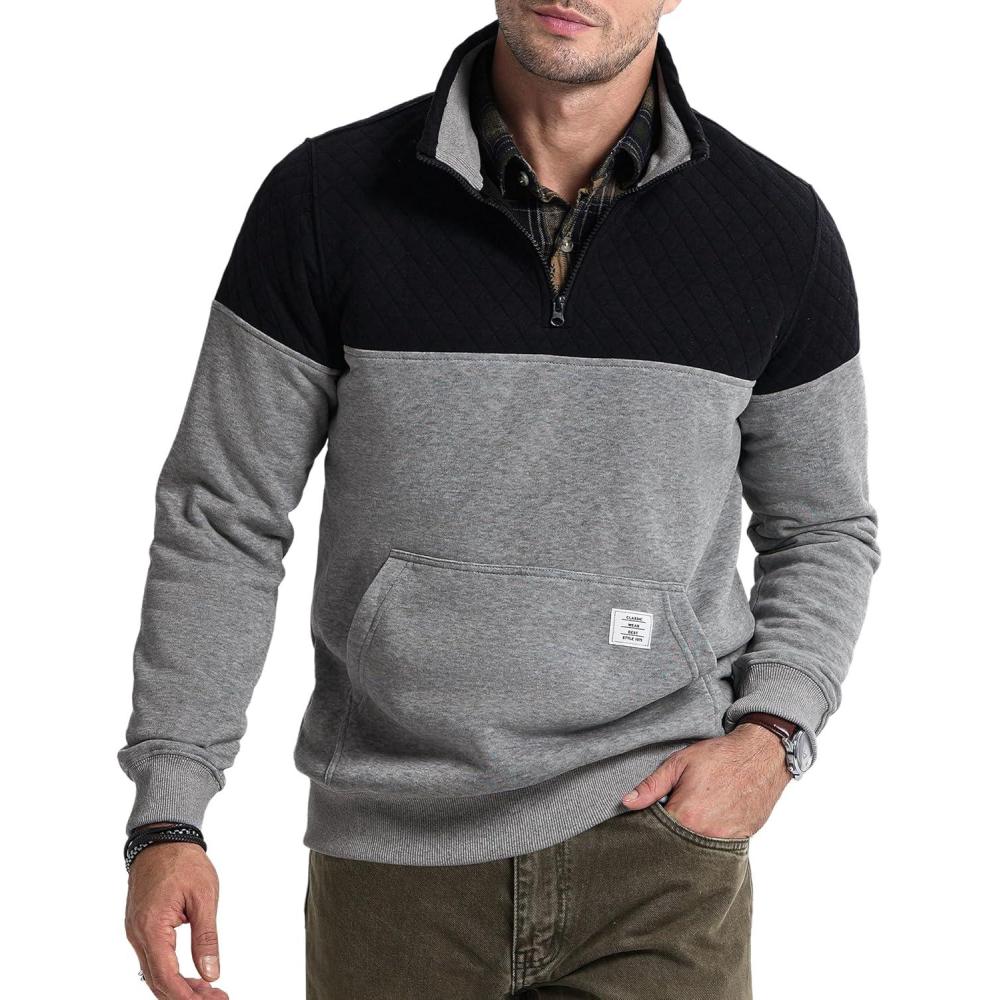imageJMIERR Mens Quarter Zip Pullover Quilted Sweatshirt Pullover Long Sleeve Stand Collar Sweater Color Block SweatshirtLight Grey
