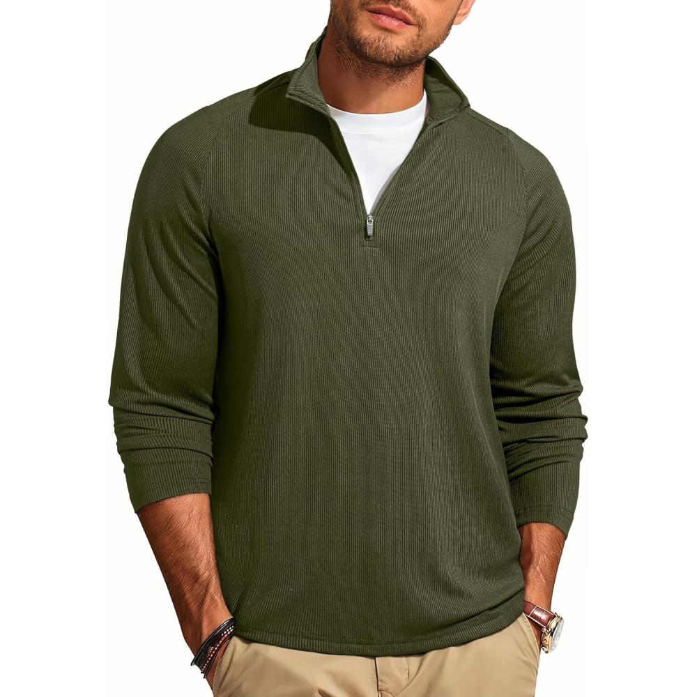 imageJMIERR Mens Quarter Zip Shirt Casual Quick Dry Moisture Wicking Long Sleeve Ribbed Athletic Workout Pullover TeeA Jungle Green